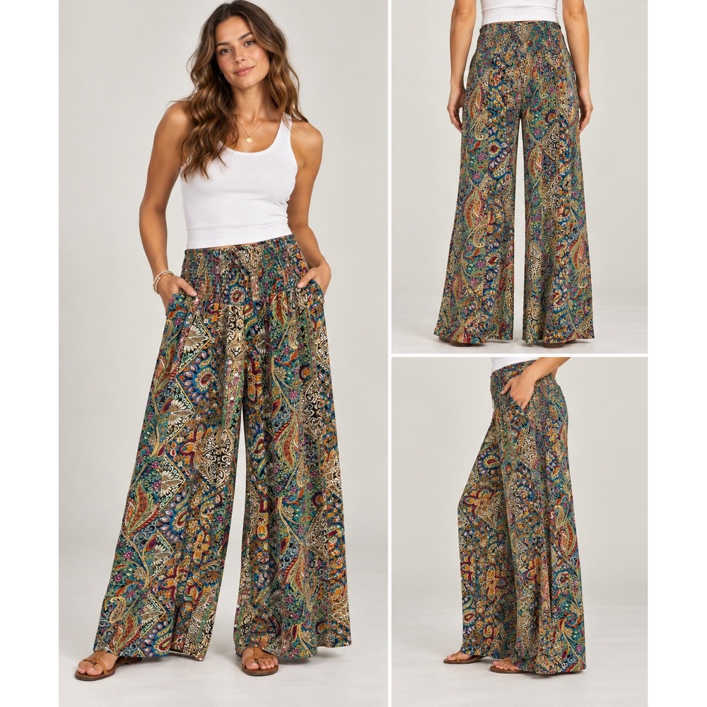 Unbranded Wide Leg Pants Women L Multicolor Paisley Smocked Boho Hippie Festival